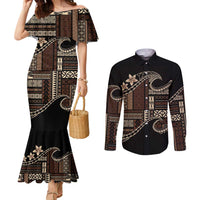 Samoa Siapo Mamanu Couples Matching Mermaid Dress and Long Sleeve Button Shirt Waves Motifs LT7 Black - Polynesian Pride