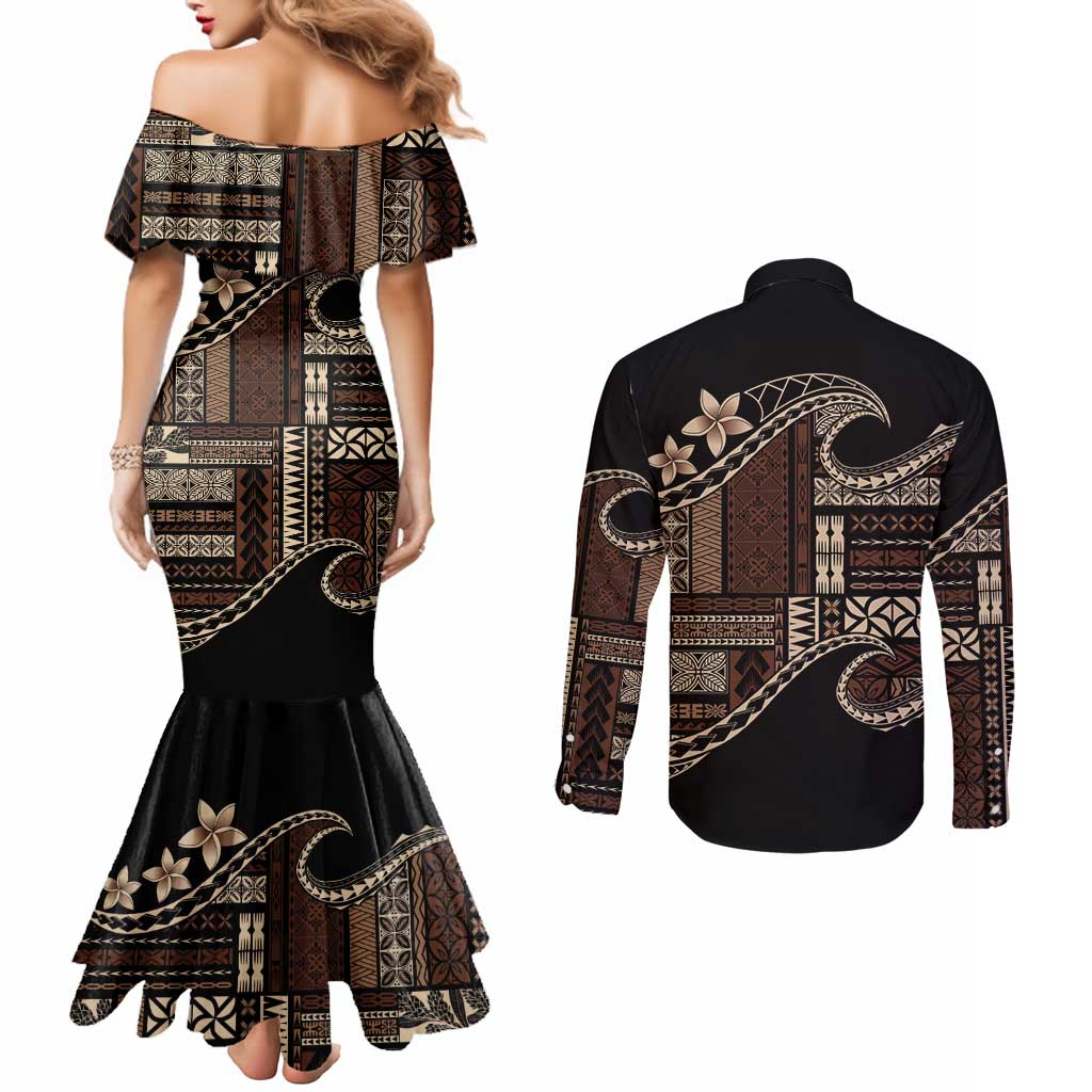 Samoa Siapo Mamanu Couples Matching Mermaid Dress and Long Sleeve Button Shirt Waves Motifs LT7 - Polynesian Pride
