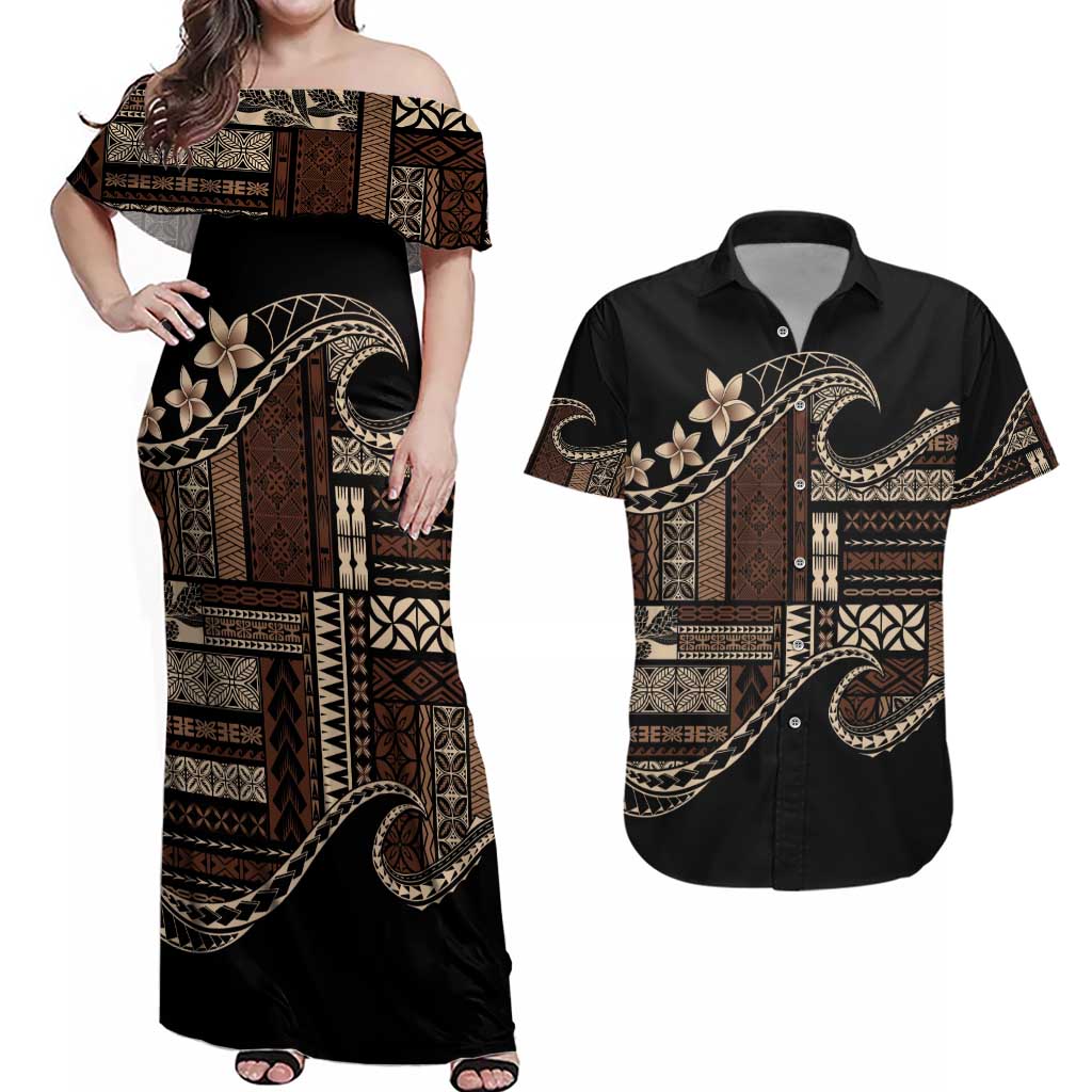 Samoa Siapo Mamanu Couples Matching Off Shoulder Maxi Dress and Hawaiian Shirt Waves Motifs