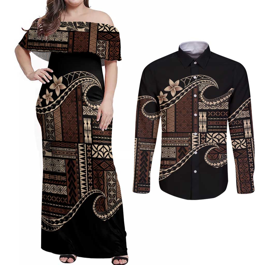 Samoa Siapo Mamanu Couples Matching Off Shoulder Maxi Dress and Long Sleeve Button Shirt Waves Motifs LT7 Black - Polynesian Pride