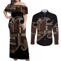 Samoa Siapo Mamanu Couples Matching Off Shoulder Maxi Dress and Long Sleeve Button Shirt Waves Motifs LT7 Black - Polynesian Pride