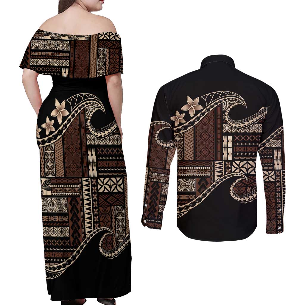 Samoa Siapo Mamanu Couples Matching Off Shoulder Maxi Dress and Long Sleeve Button Shirt Waves Motifs LT7 - Polynesian Pride