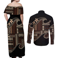 Samoa Siapo Mamanu Couples Matching Off Shoulder Maxi Dress and Long Sleeve Button Shirt Waves Motifs LT7 - Polynesian Pride