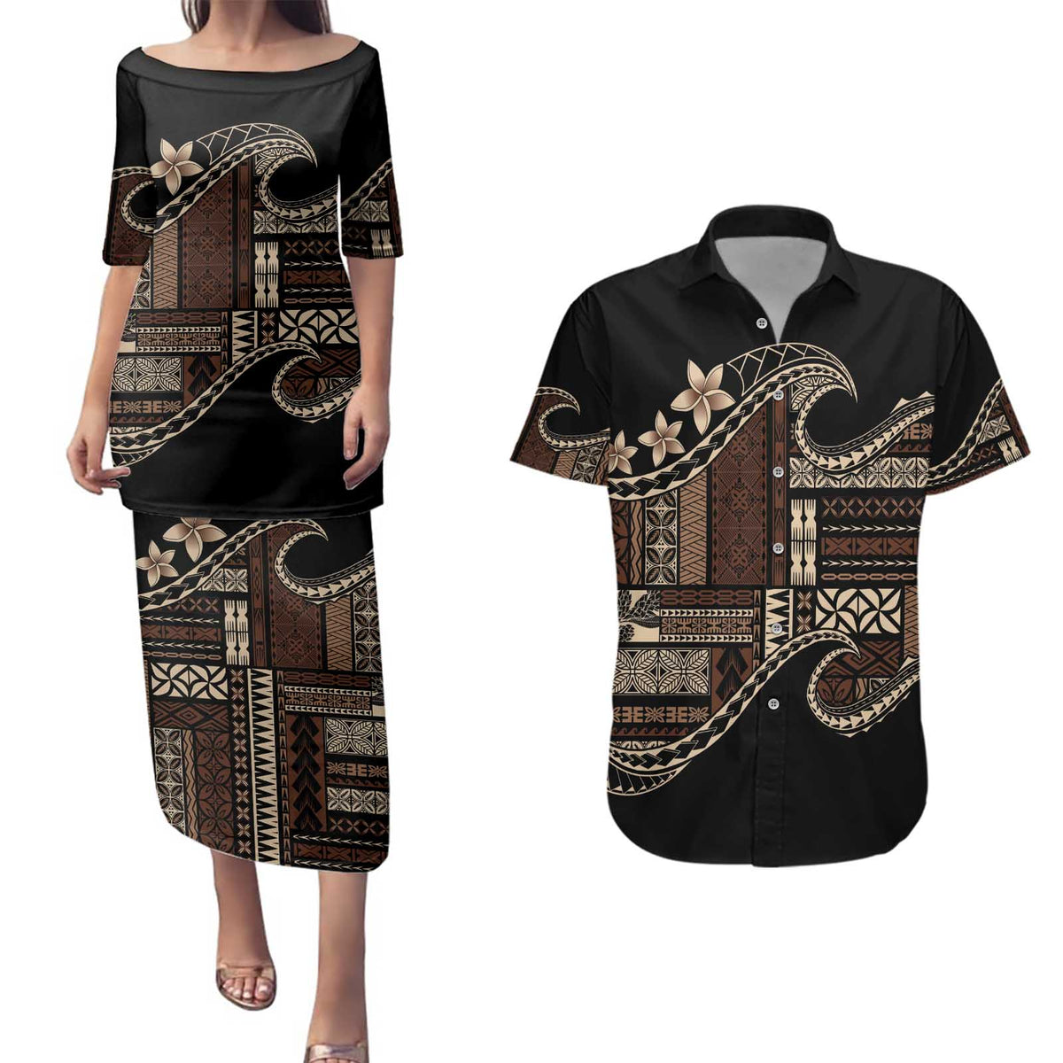 Samoa Siapo Mamanu Couples Matching Puletasi and Hawaiian Shirt Waves Motifs LT7 Black - Polynesian Pride