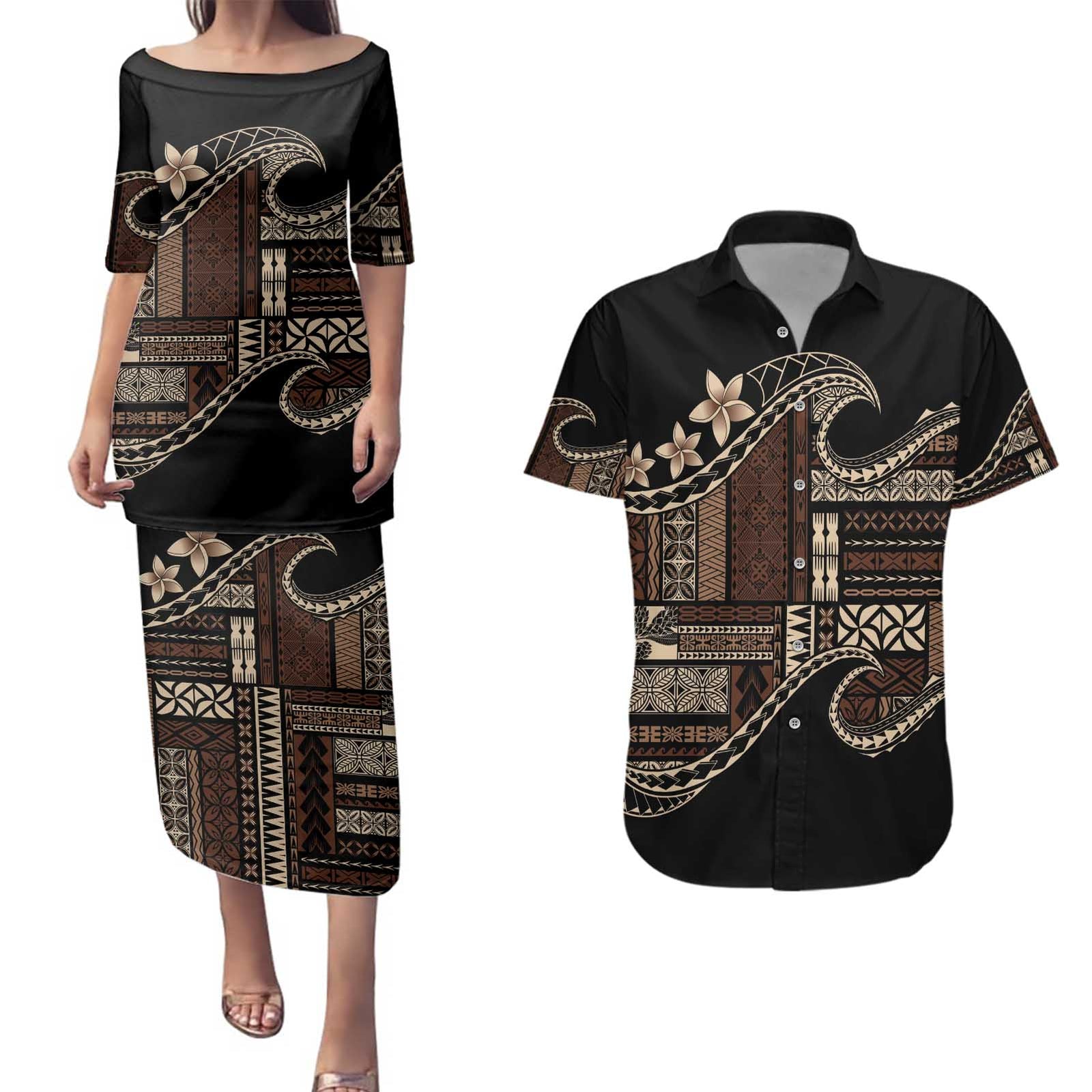 Samoa Siapo Mamanu Couples Matching Puletasi and Hawaiian Shirt Waves Motifs LT7 Black - Polynesian Pride