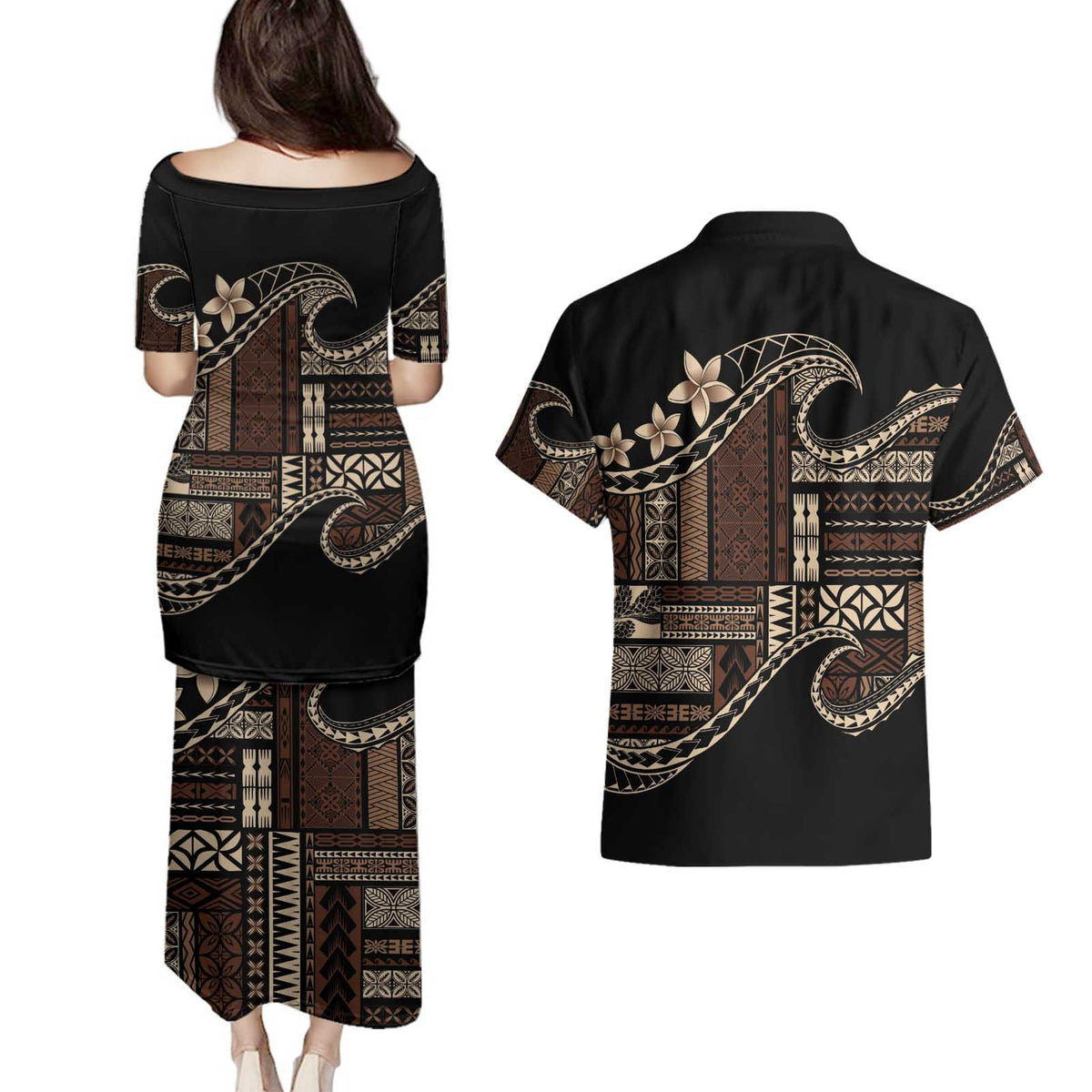 Samoa Siapo Mamanu Couples Matching Puletasi and Hawaiian Shirt Waves Motifs LT7 - Polynesian Pride