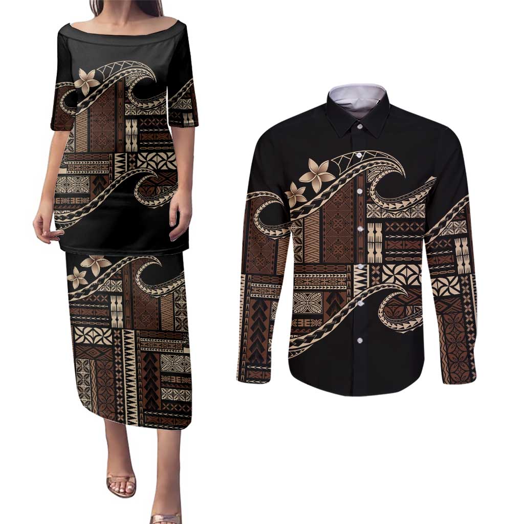 Samoa Siapo Mamanu Couples Matching Puletasi and Long Sleeve Button Shirt Waves Motifs LT7 Black - Polynesian Pride