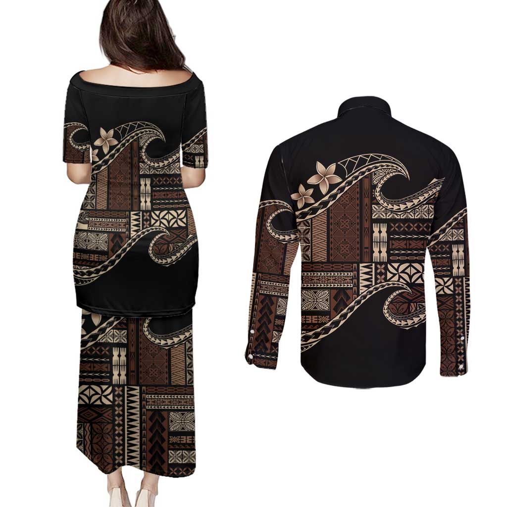 Samoa Siapo Mamanu Couples Matching Puletasi and Long Sleeve Button Shirt Waves Motifs LT7 - Polynesian Pride