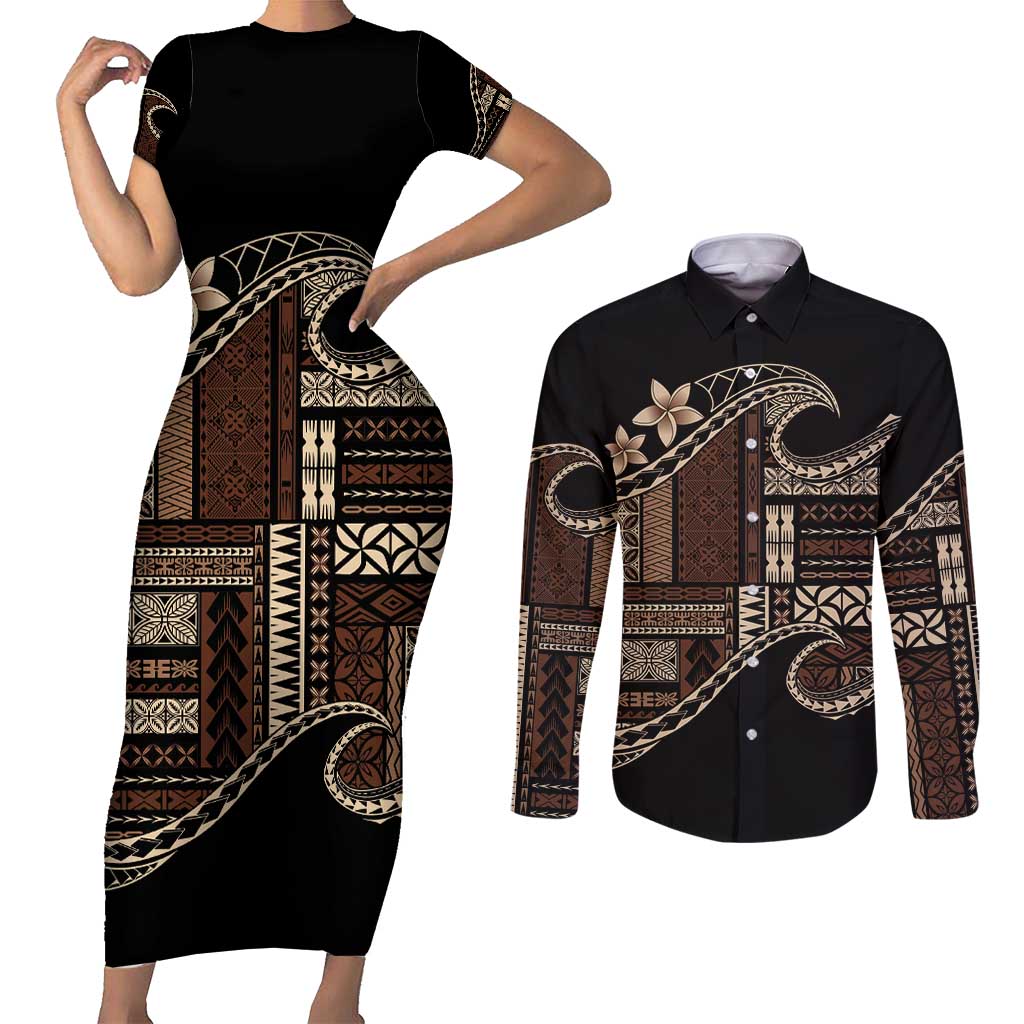 Samoa Siapo Mamanu Couples Matching Short Sleeve Bodycon Dress and Long Sleeve Button Shirt Waves Motifs LT7 Black - Polynesian Pride