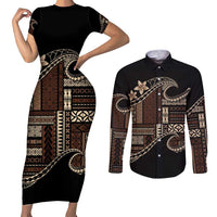 Samoa Siapo Mamanu Couples Matching Short Sleeve Bodycon Dress and Long Sleeve Button Shirt Waves Motifs LT7 Black - Polynesian Pride