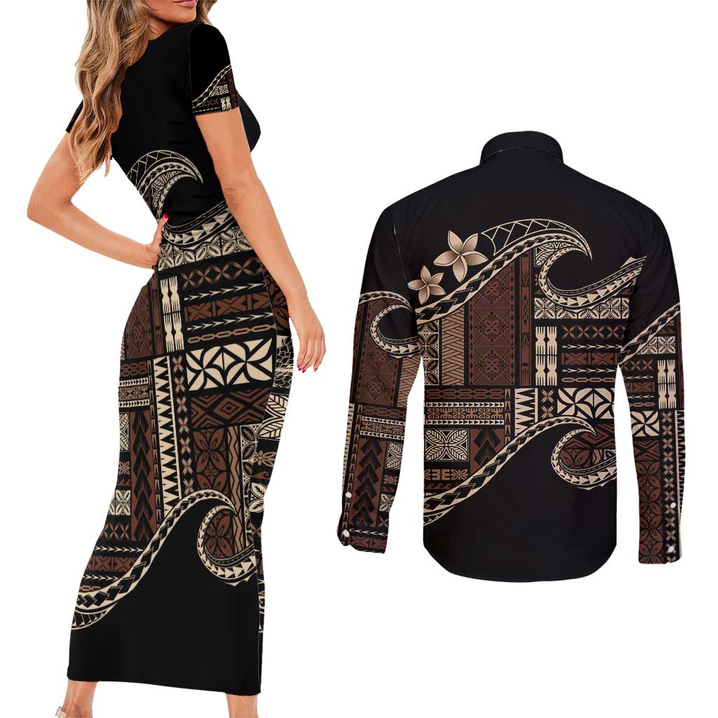 Samoa Siapo Mamanu Couples Matching Short Sleeve Bodycon Dress and Long Sleeve Button Shirt Waves Motifs LT7 - Polynesian Pride