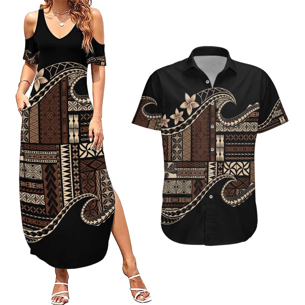 Samoa Siapo Mamanu Couples Matching Summer Maxi Dress and Hawaiian Shirt Waves Motifs LT7 Black - Polynesian Pride