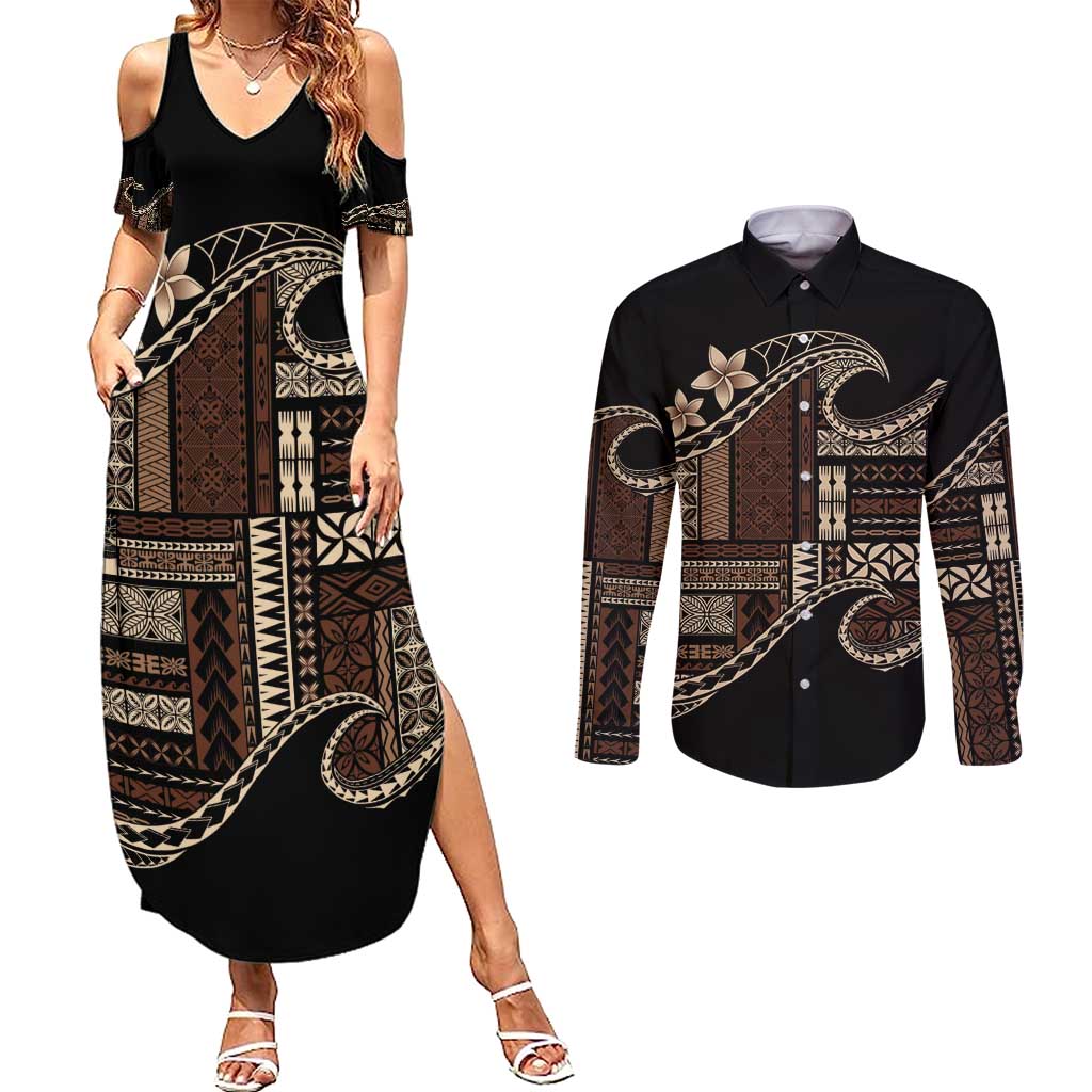 Samoa Siapo Mamanu Couples Matching Summer Maxi Dress and Long Sleeve Button Shirt Waves Motifs LT7 Black - Polynesian Pride