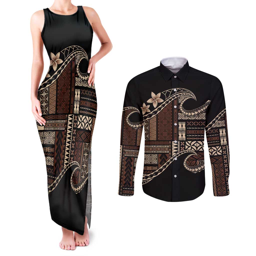 Samoa Siapo Mamanu Couples Matching Tank Maxi Dress and Long Sleeve Button Shirt Waves Motifs LT7 Black - Polynesian Pride