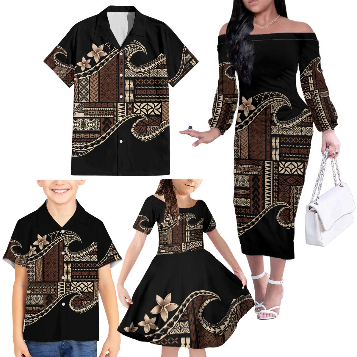 Samoa Siapo Mamanu Family Matching Off The Shoulder Long Sleeve Dress and Hawaiian Shirt Waves Motifs