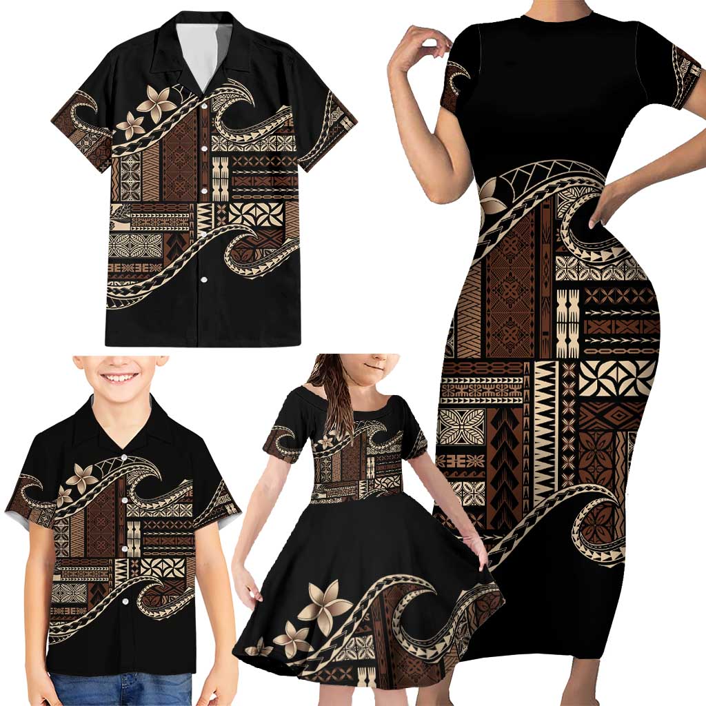 Samoa Siapo Mamanu Family Matching Short Sleeve Bodycon Dress and Hawaiian Shirt Waves Motifs