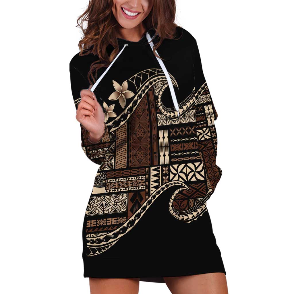 Samoa Siapo Mamanu Hoodie Dress Waves Motifs LT7 Black - Polynesian Pride