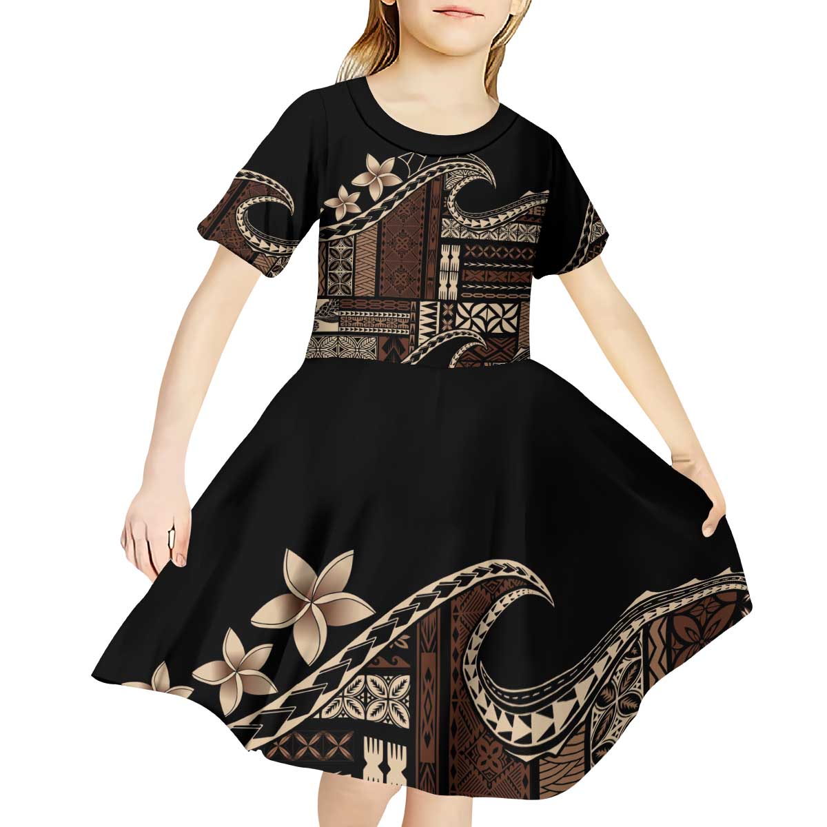 Samoa Siapo Mamanu Kid Short Sleeve Dress Waves Motifs