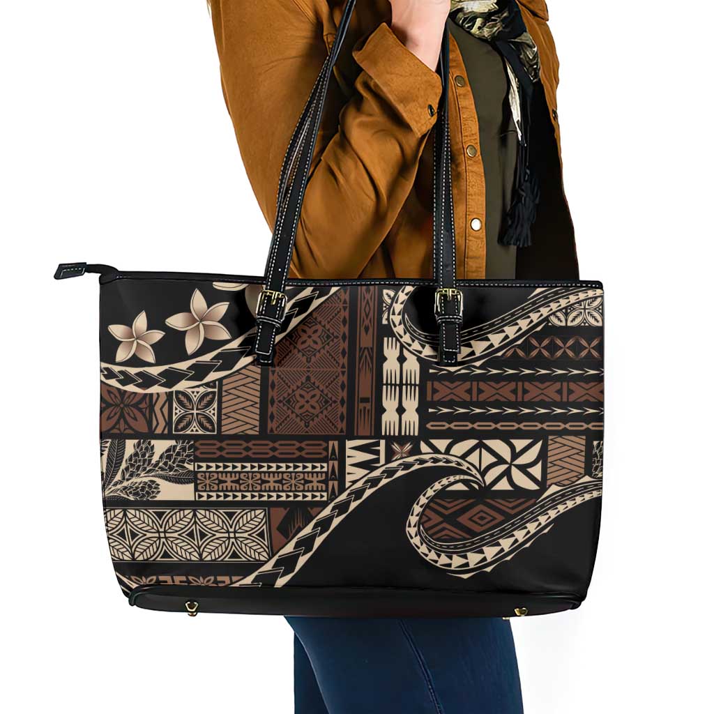 Samoa Siapo Mamanu Leather Tote Bag Waves Motifs
