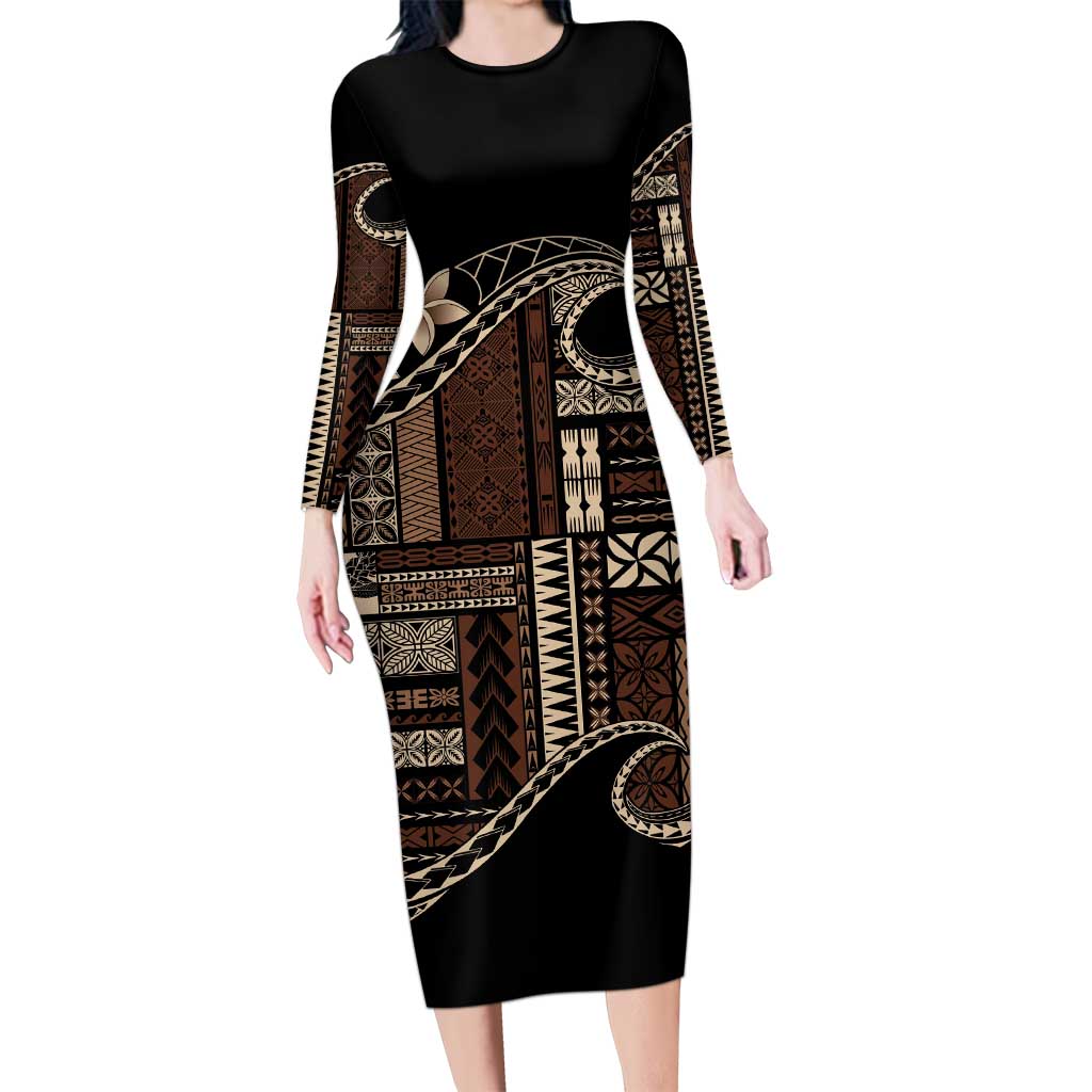 Samoa Siapo Mamanu Long Sleeve Bodycon Dress Waves Motifs