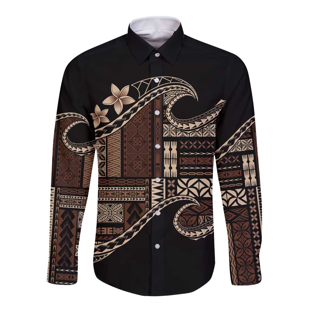 Samoa Siapo Mamanu Long Sleeve Button Shirt Waves Motifs LT7 Unisex Black - Polynesian Pride