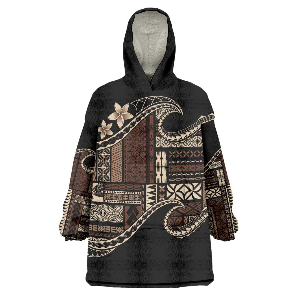 Samoa Siapo Mamanu Wearable Blanket Hoodie Waves Motifs LT7 One Size Black - Polynesian Pride