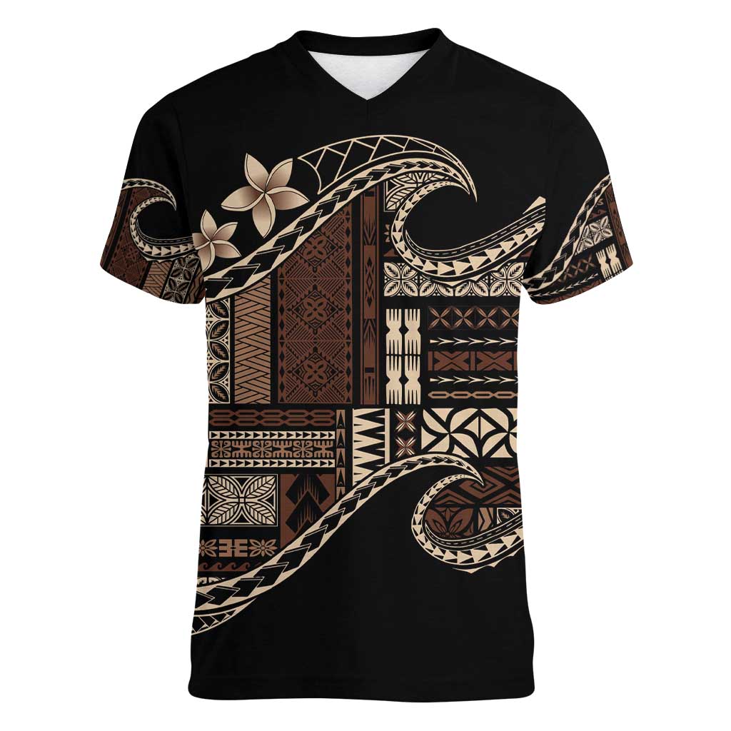 Samoa Siapo Mamanu Women V-Neck T-Shirt Waves Motifs LT7 Female Black - Polynesian Pride