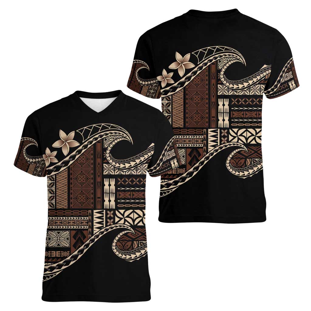 Samoa Siapo Mamanu Women V-Neck T-Shirt Waves Motifs LT7 - Polynesian Pride