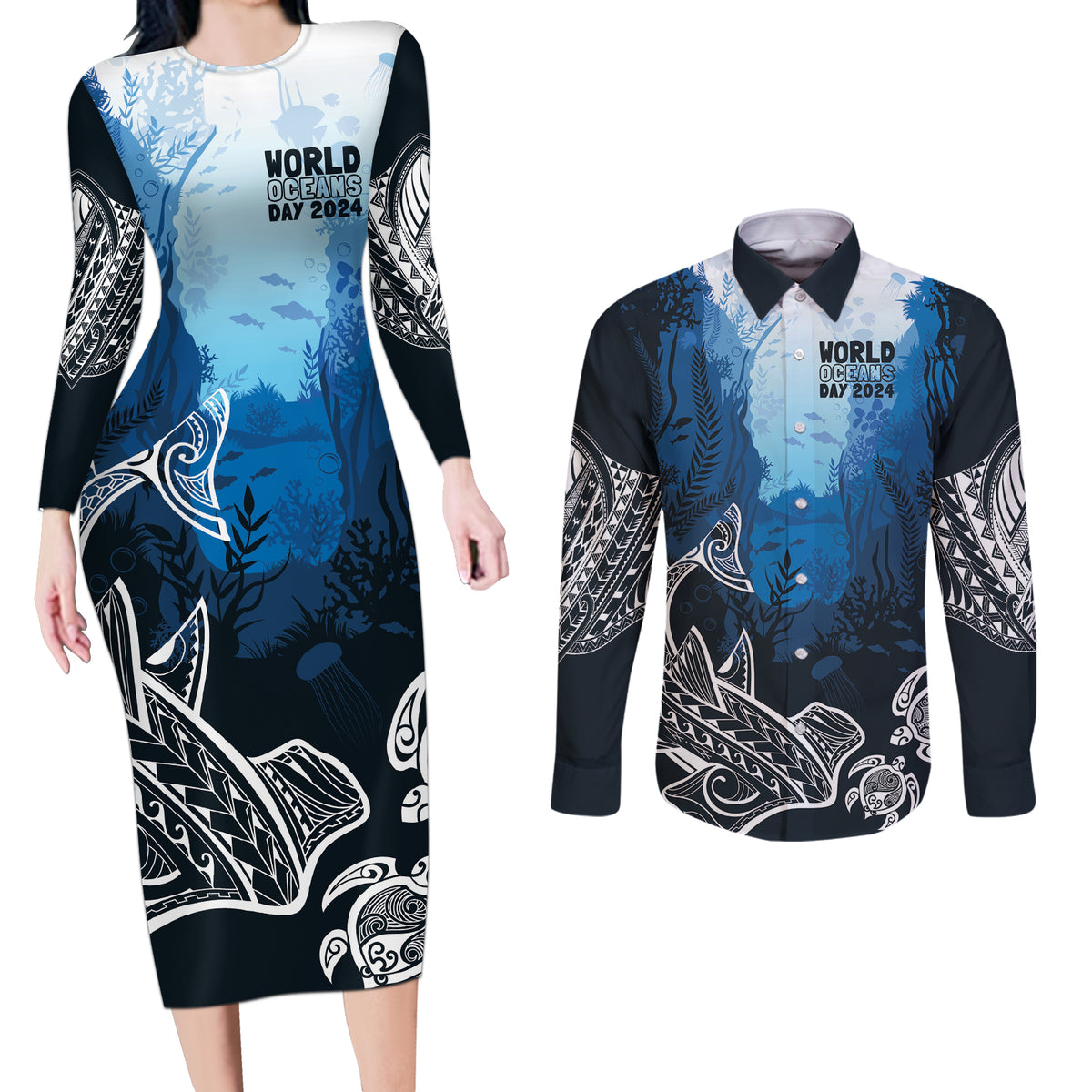 World Ocean Day Pasifika Couples Matching Long Sleeve Bodycon Dress and Long Sleeve Button Shirt Awaken New Depths