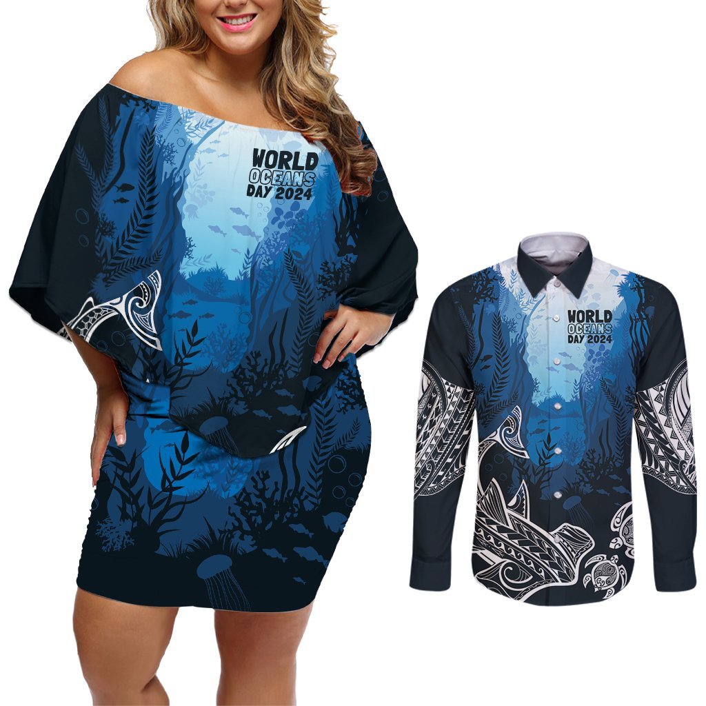 World Ocean Day Pasifika Couples Matching Off Shoulder Short Dress and Long Sleeve Button Shirt Awaken New Depths LT7 Blue - Polynesian Pride