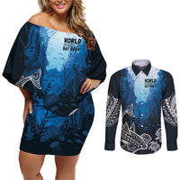 World Ocean Day Pasifika Couples Matching Off Shoulder Short Dress and Long Sleeve Button Shirt Awaken New Depths LT7 Blue - Polynesian Pride