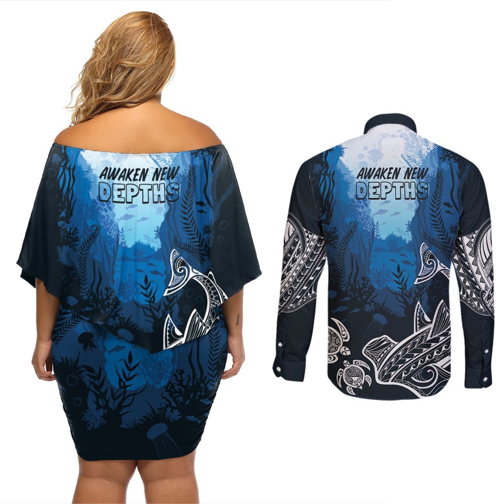 World Ocean Day Pasifika Couples Matching Off Shoulder Short Dress and Long Sleeve Button Shirt Awaken New Depths LT7 - Polynesian Pride