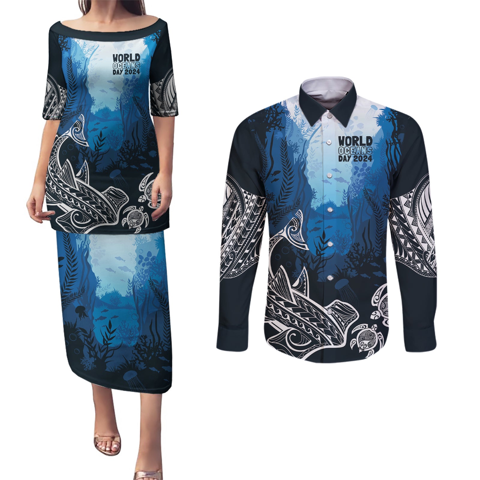 World Ocean Day Pasifika Couples Matching Puletasi and Long Sleeve Button Shirt Awaken New Depths LT7 Blue - Polynesian Pride