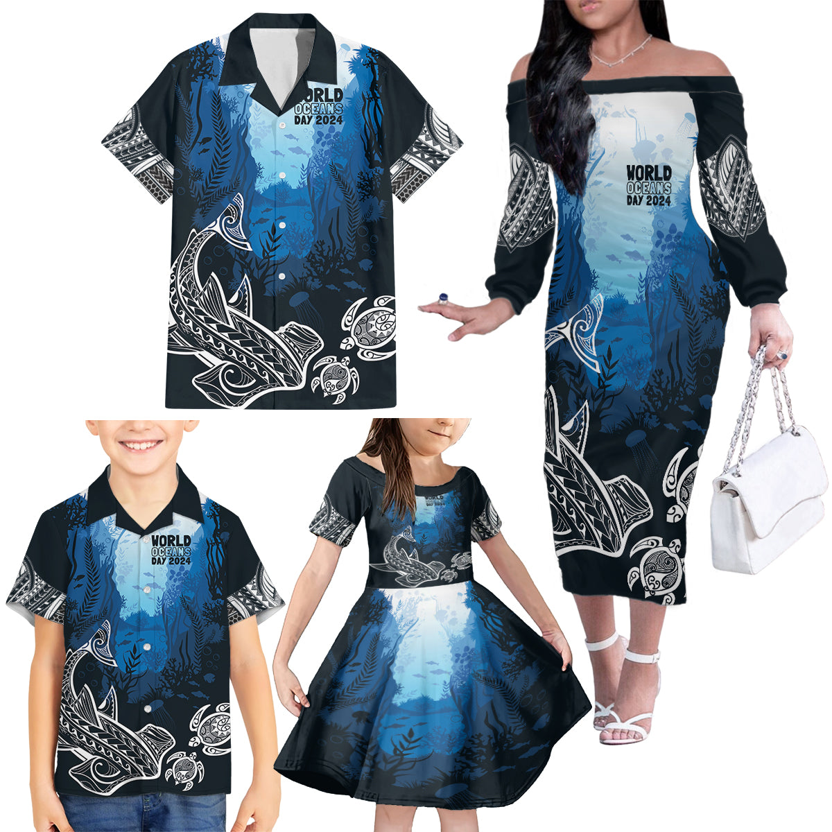 World Ocean Day Pasifika Family Matching Off The Shoulder Long Sleeve Dress and Hawaiian Shirt Awaken New Depths