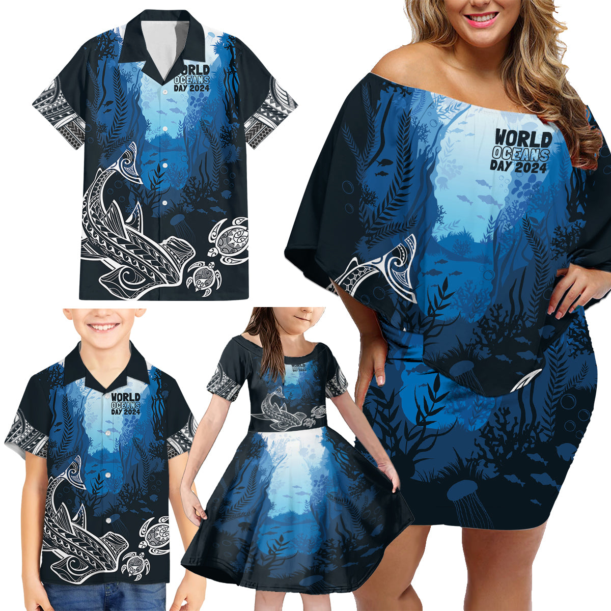 World Ocean Day Pasifika Family Matching Off Shoulder Short Dress and Hawaiian Shirt Awaken New Depths LT7 - Polynesian Pride