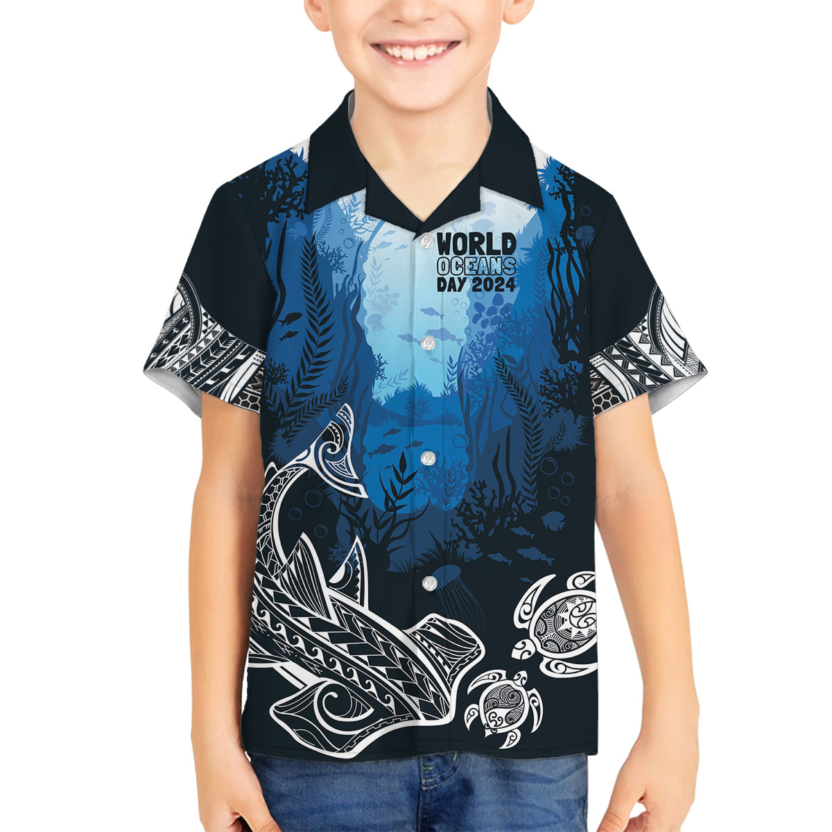 World Ocean Day Pasifika Family Matching Off Shoulder Short Dress and Hawaiian Shirt Awaken New Depths LT7 Son's Shirt Blue - Polynesian Pride