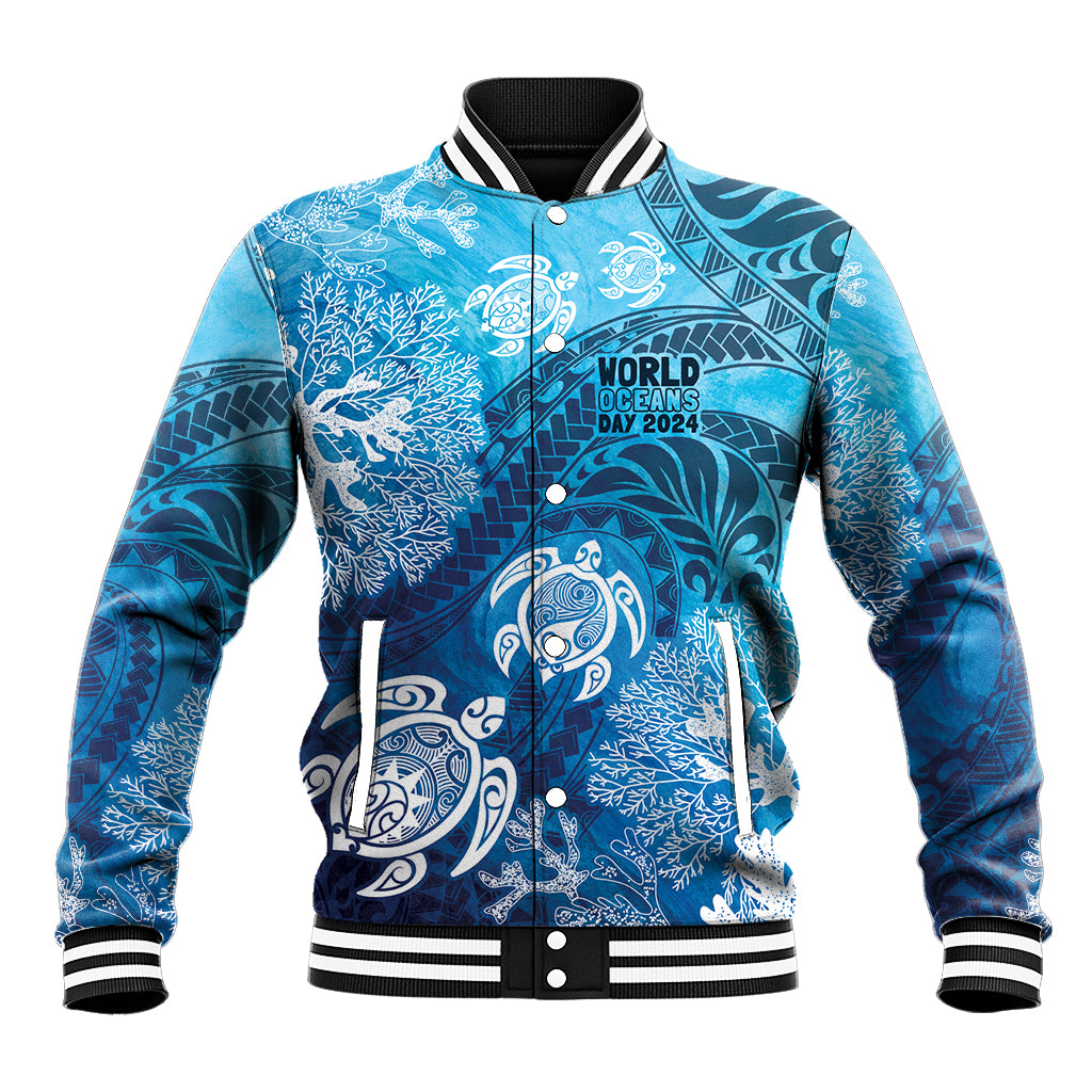 Hawaii World Ocean Day Baseball Jacket Kakau Turtles LT7 Unisex Blue - Polynesian Pride