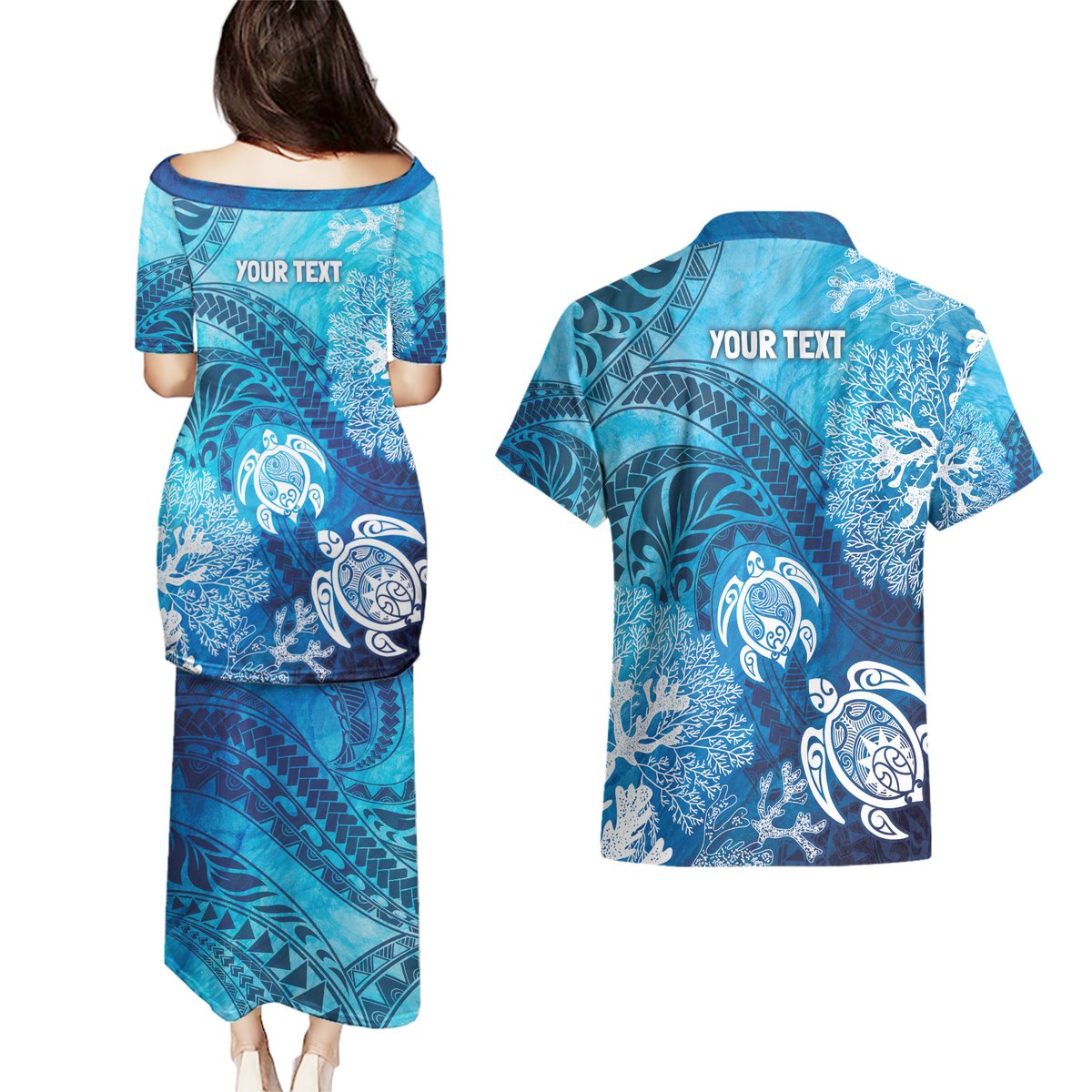 Hawaii World Ocean Day Couples Matching Puletasi and Hawaiian Shirt Kakau Turtles LT7 - Polynesian Pride