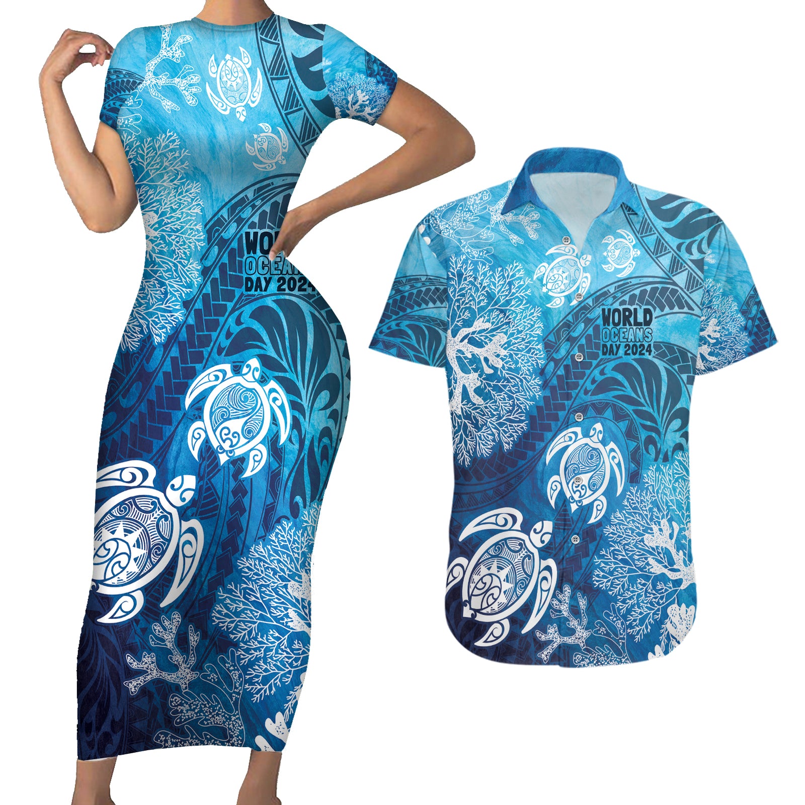 Hawaii World Ocean Day Couples Matching Short Sleeve Bodycon Dress and Hawaiian Shirt Kakau Turtles LT7 Blue - Polynesian Pride