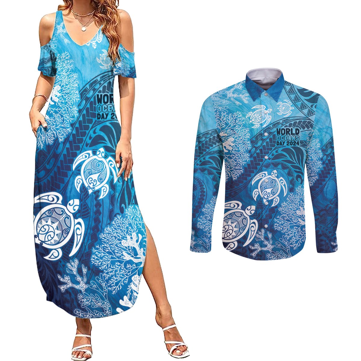 Hawaii World Ocean Day Couples Matching Summer Maxi Dress and Long Sleeve Button Shirt Kakau Turtles LT7 Blue - Polynesian Pride
