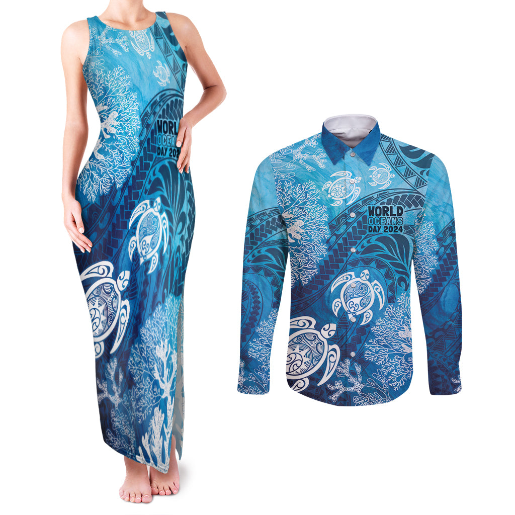 Hawaii World Ocean Day Couples Matching Tank Maxi Dress and Long Sleeve Button Shirt Kakau Turtles LT7 Blue - Polynesian Pride