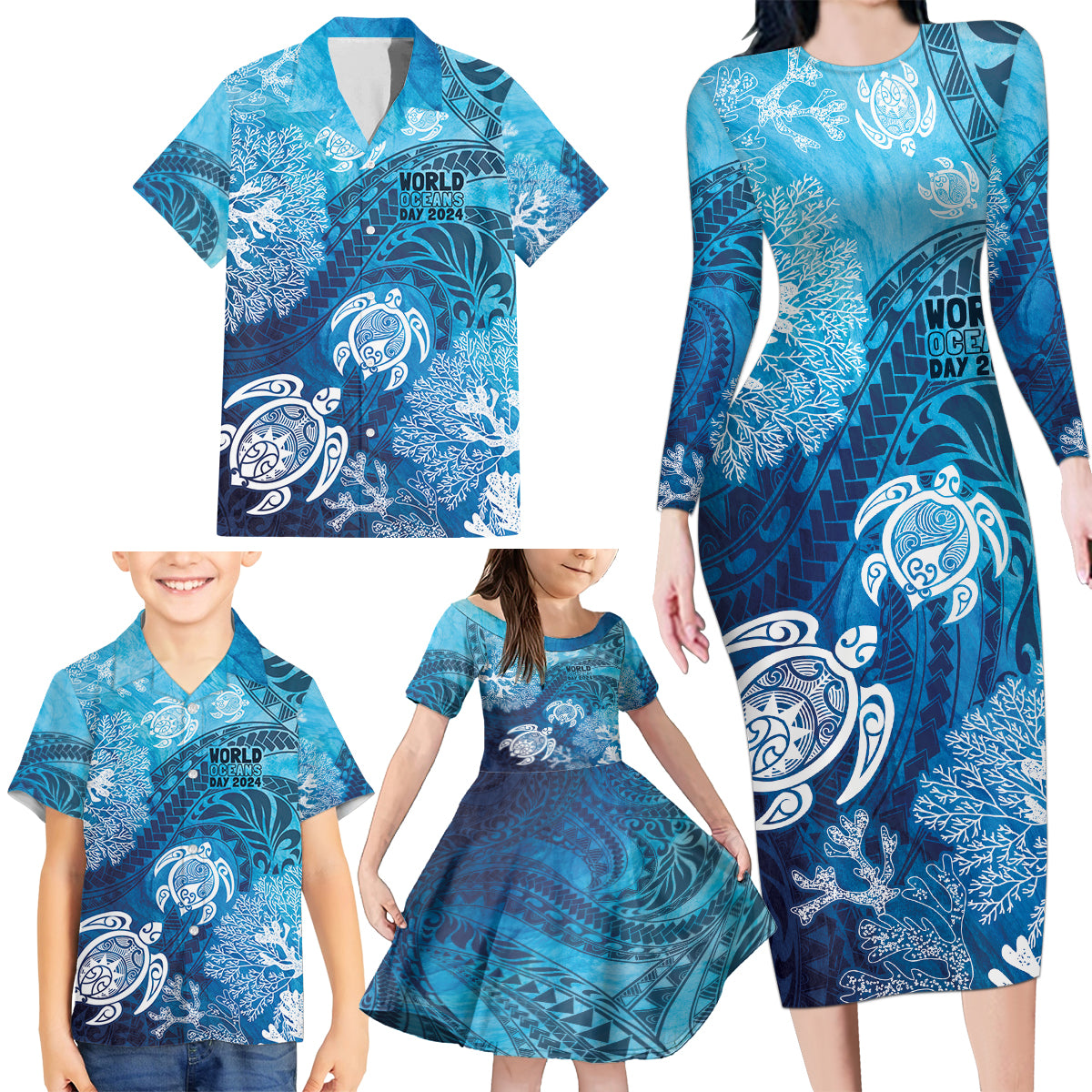 Hawaii World Ocean Day Family Matching Long Sleeve Bodycon Dress and Hawaiian Shirt Kakau Turtles