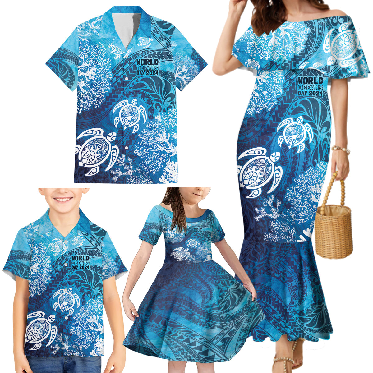 Hawaii World Ocean Day Family Matching Mermaid Dress and Hawaiian Shirt Kakau Turtles