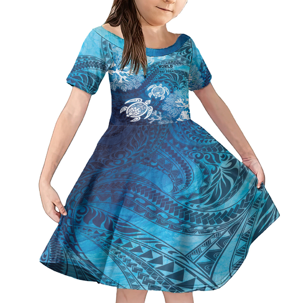 Hawaii World Ocean Day Family Matching Off The Shoulder Long Sleeve Dress and Hawaiian Shirt Kakau Turtles LT7 Daughter's Dress Blue - Polynesian Pride