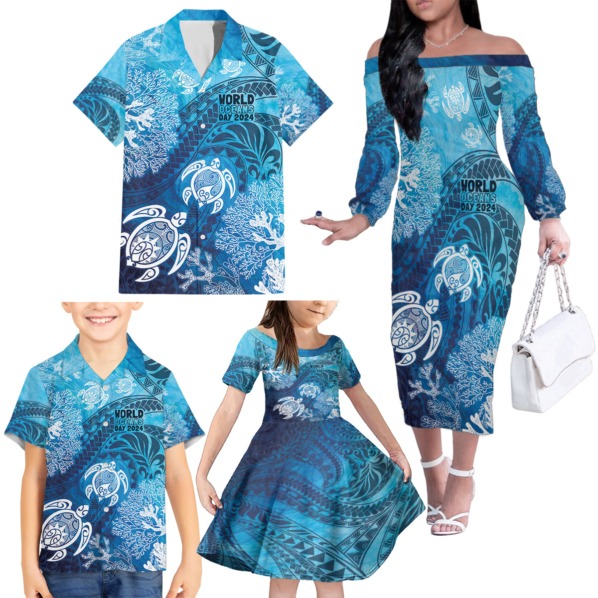 Hawaii World Ocean Day Family Matching Off The Shoulder Long Sleeve Dress and Hawaiian Shirt Kakau Turtles