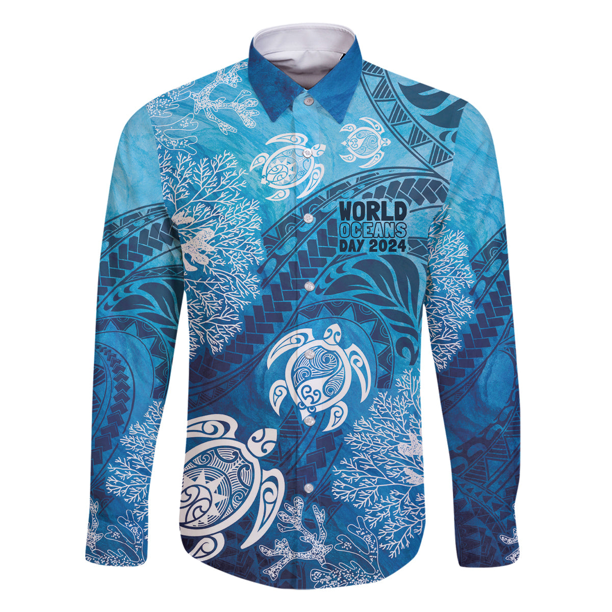 Hawaii World Ocean Day Family Matching Off The Shoulder Long Sleeve Dress and Hawaiian Shirt Kakau Turtles LT7 Dad's Shirt - Long Sleeve Blue - Polynesian Pride