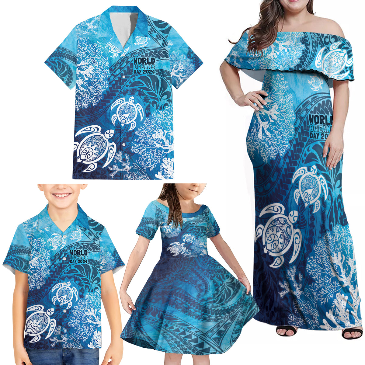 Hawaii World Ocean Day Family Matching Off Shoulder Maxi Dress and Hawaiian Shirt Kakau Turtles LT7 - Polynesian Pride