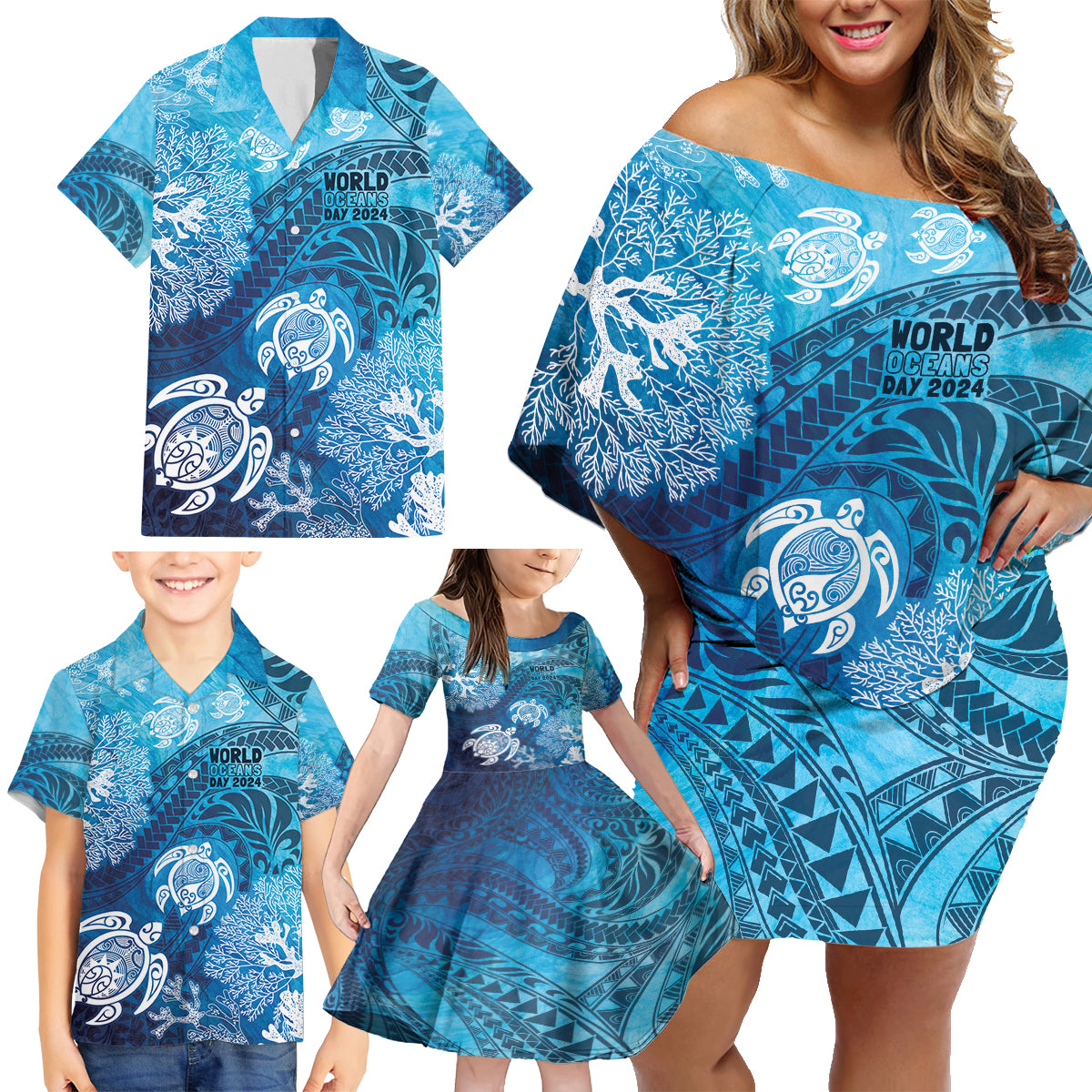 Hawaii World Ocean Day Family Matching Off Shoulder Short Dress and Hawaiian Shirt Kakau Turtles