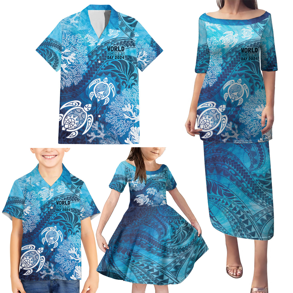 Hawaii World Ocean Day Family Matching Puletasi and Hawaiian Shirt Kakau Turtles