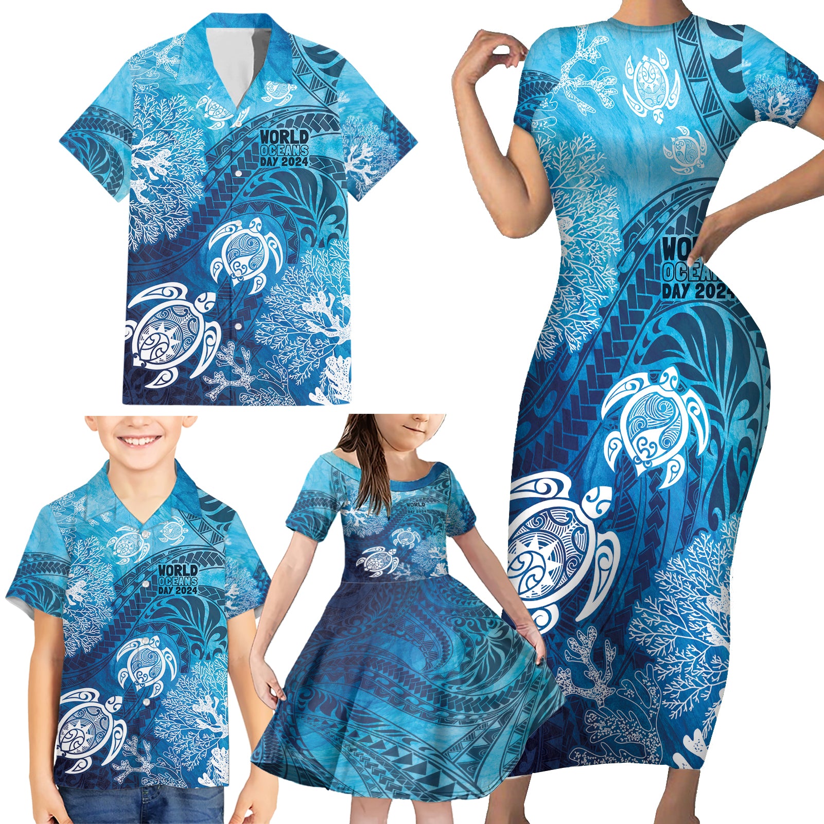 Hawaii World Ocean Day Family Matching Short Sleeve Bodycon Dress and Hawaiian Shirt Kakau Turtles